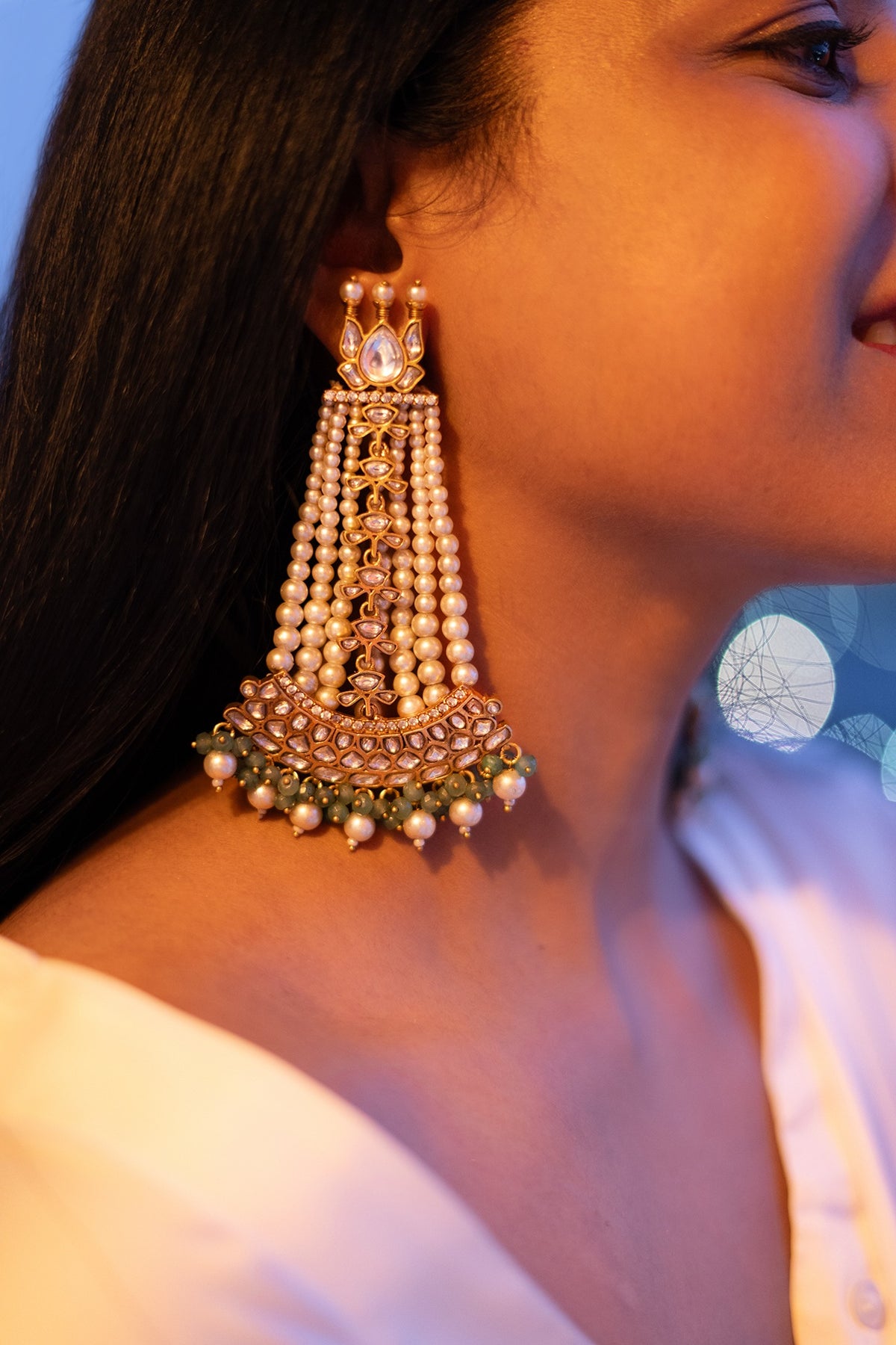 Green Kundan Polki Dangler Earrings