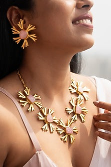Pink Synthetic Stone Floral Long Necklace Set