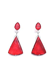 White Finish Red Synthetic Stone Enameled Dangler Earrings