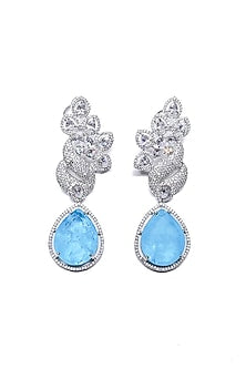 White Finish Blue Synthetic Stone Enameled Dangler Earrings
