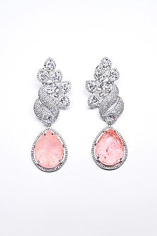 White Finish Pink Synthetic Stone Enameled Dangler Earrings