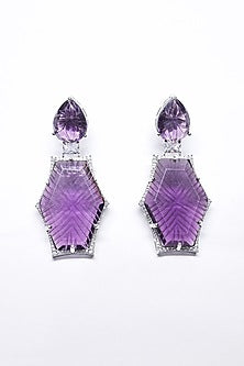 White Finish Purple Synthetic Stone Enameled Dangler Earrings