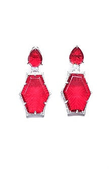 White Finish Pink Synthetic Stone Enameled Dangler Earrings