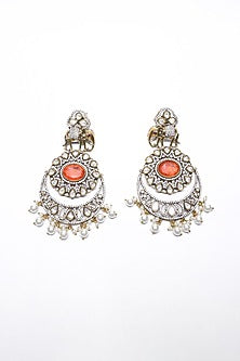 Two-Tone Finish Orange Synthetic Stone Enameled Dangler Earrings