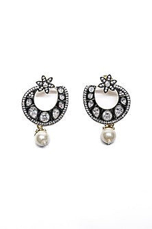 Two-Tone Finish Black Synthetic Stone Enameled Dangler Earrings