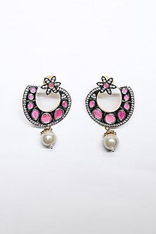 Two-Tone Finish Pink Synthetic Stone Enameled Dangler Earrings
