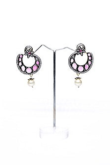 Two-Tone Finish Pink Synthetic Stone Enameled Dangler Earrings