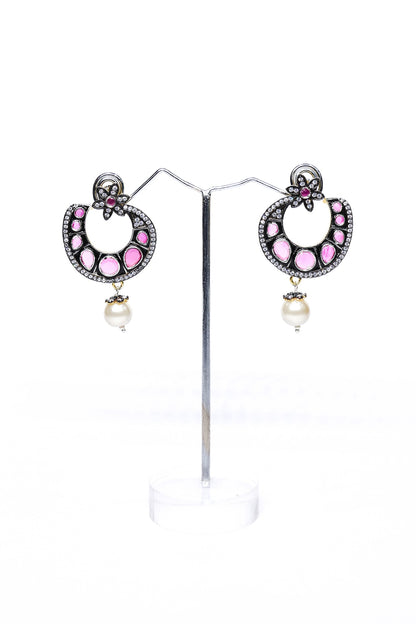 Two-Tone Finish Pink Synthetic Stone Enameled Dangler Earrings