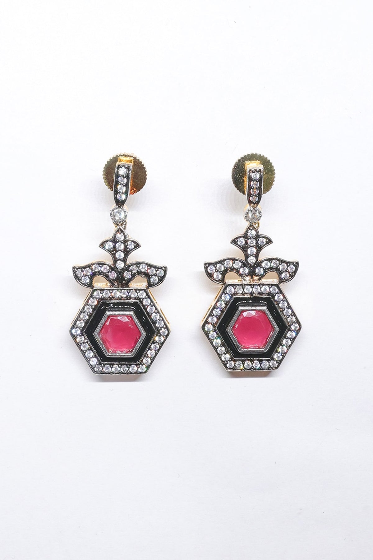 Black Rhodium Finish Pink Synthetic Stone Enameled Dangler Earrings