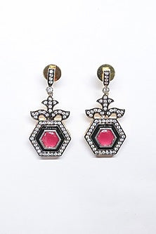 Black Rhodium Finish Pink Synthetic Stone Enameled Dangler Earrings