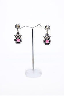 Black Rhodium Finish Pink Synthetic Stone Enameled Dangler Earrings