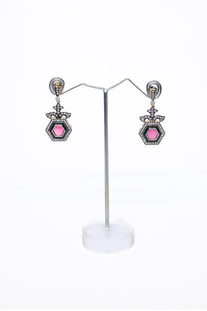 Black Rhodium Finish Pink Synthetic Stone Enameled Dangler Earrings
