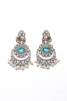 Rose Gold Finish Pearl & Blue Synthetic Stone Dangler Earrings