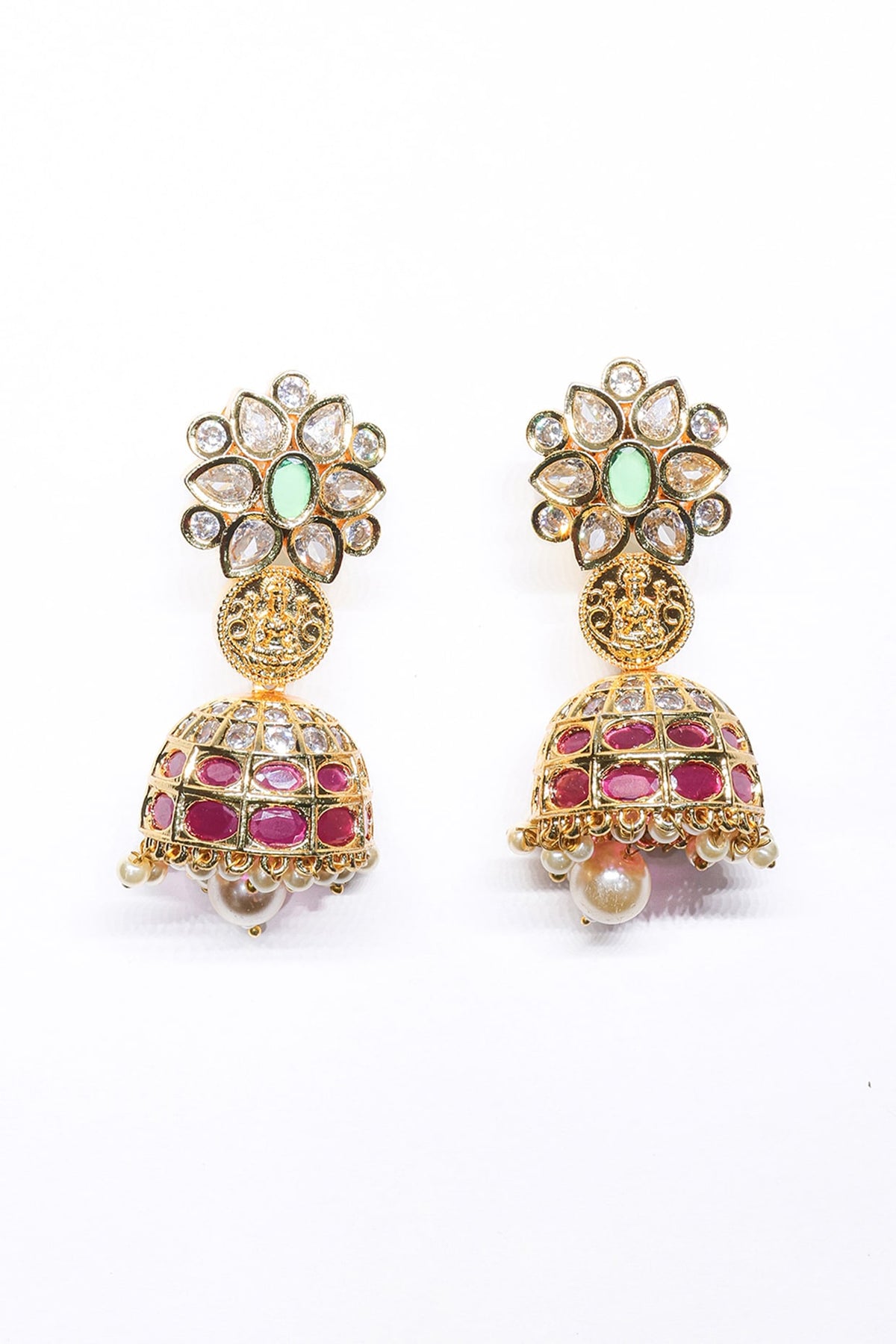 Rose Gold Finish Pink Synthetic Stone Temple Dangler Earrings