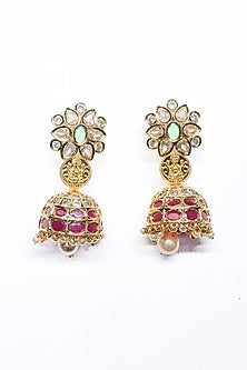 Rose Gold Finish Pink Synthetic Stone Temple Dangler Earrings