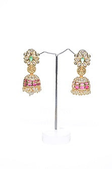 Rose Gold Finish Pink Synthetic Stone Temple Dangler Earrings