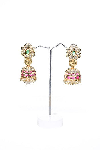 Rose Gold Finish Pink Synthetic Stone Temple Dangler Earrings