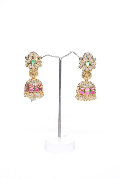 Rose Gold Finish Pink Synthetic Stone Temple Dangler Earrings