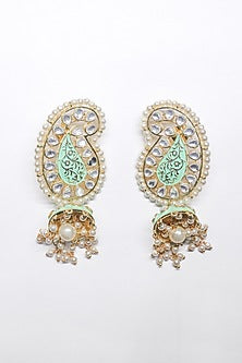 Rose Gold Finish Pearl & Green Synthetic Stone Dangler Earrings