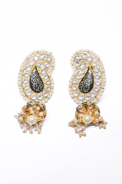 Rose Gold Finish Pearl & Black Synthetic Stone Dangler Earrings
