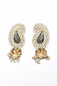 Rose Gold Finish Pearl & Black Synthetic Stone Dangler Earrings