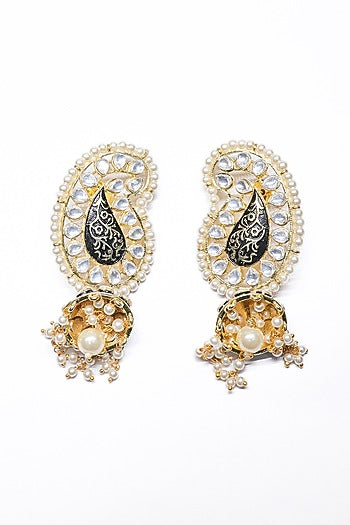 Rose Gold Finish Pearl & Black Synthetic Stone Dangler Earrings