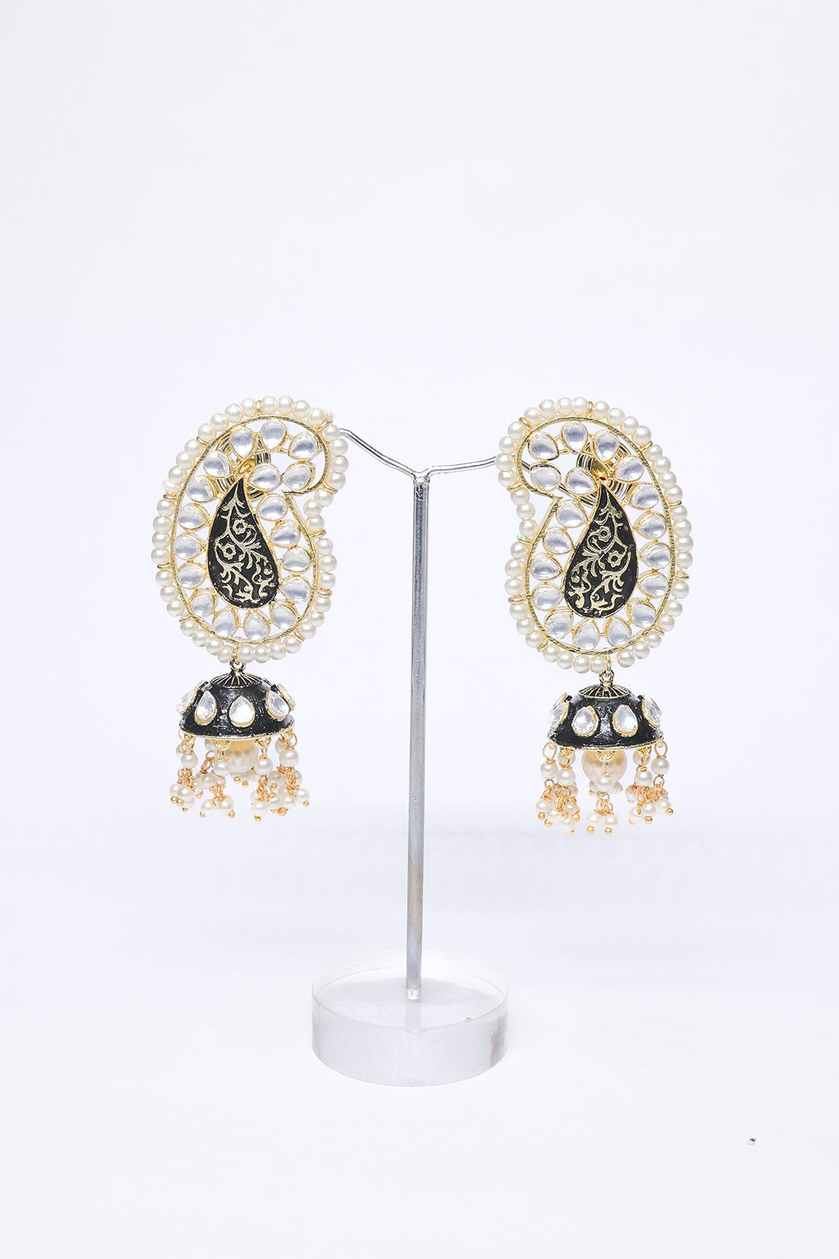 Rose Gold Finish Pearl & Black Synthetic Stone Dangler Earrings