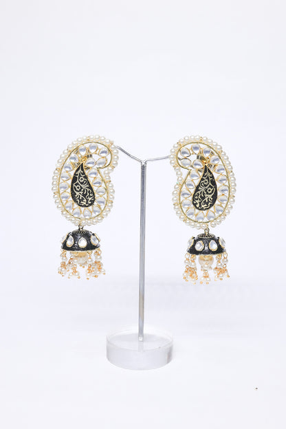 Rose Gold Finish Pearl & Black Synthetic Stone Dangler Earrings