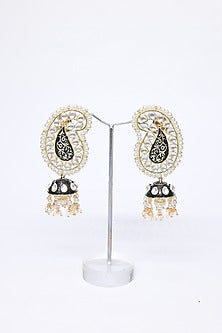 Rose Gold Finish Pearl & Black Synthetic Stone Dangler Earrings