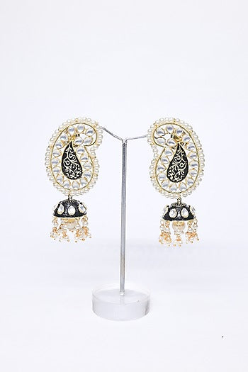 Rose Gold Finish Pearl & Black Synthetic Stone Dangler Earrings
