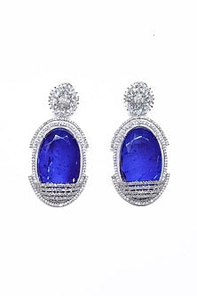White Finish Blue Synthetic Stone Enameled Dangler Earrings