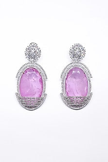 White Finish Pink Synthetic Stone Enameled Dangler Earrings