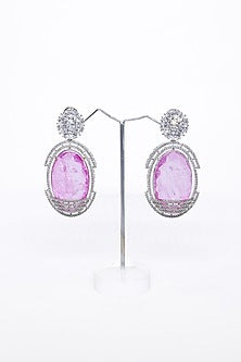 White Finish Pink Synthetic Stone Enameled Dangler Earrings
