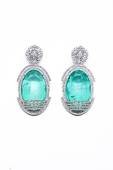White Finish Green Synthetic Stone Enameled Dangler Earrings
