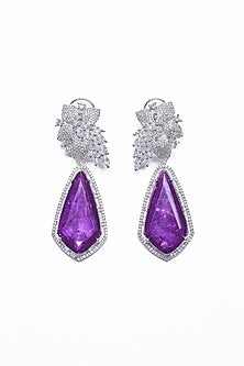 White Finish Purple Synthetic Stone Enameled Dangler Earrings