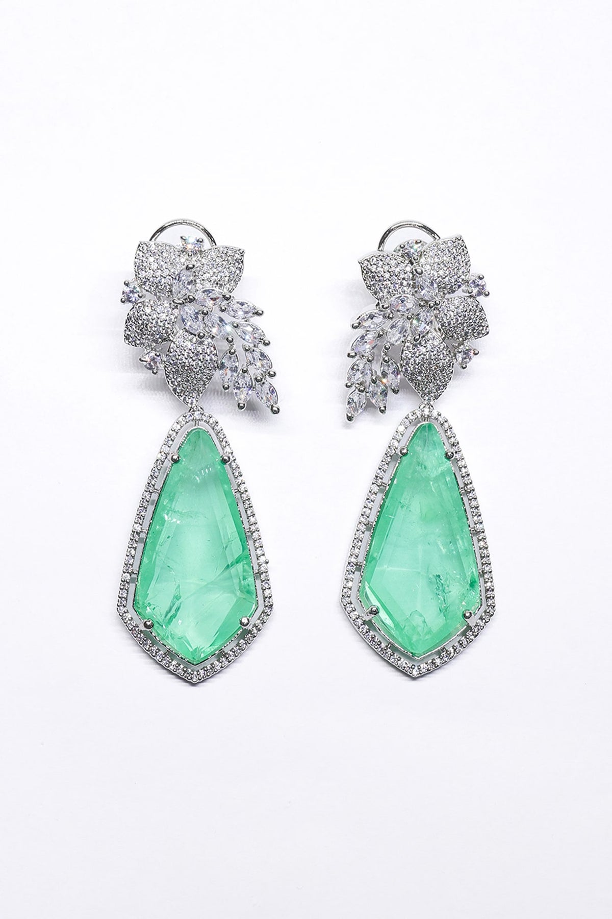 White Finish Green Synthetic Stone Enameled Dangler Earrings