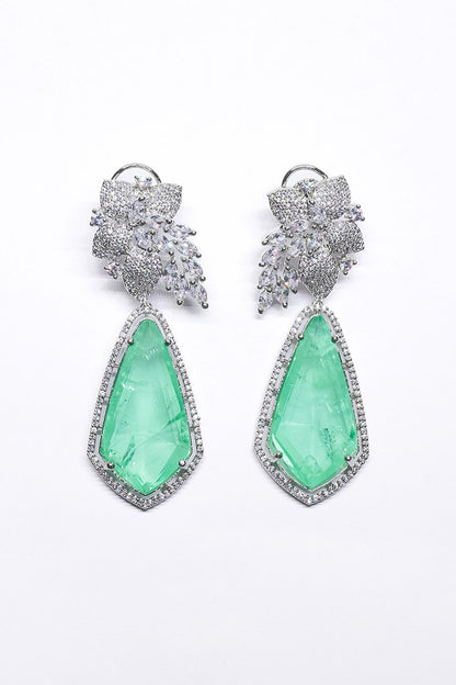 White Finish Green Synthetic Stone Enameled Dangler Earrings