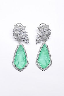 White Finish Green Synthetic Stone Enameled Dangler Earrings