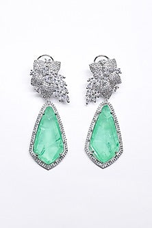 White Finish Green Synthetic Stone Enameled Dangler Earrings