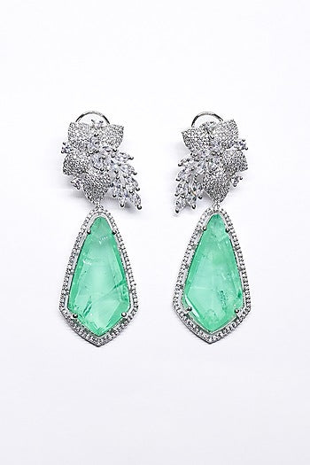 White Finish Green Synthetic Stone Enameled Dangler Earrings