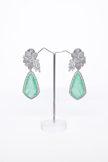 White Finish Green Synthetic Stone Enameled Dangler Earrings