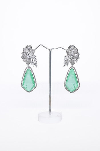 White Finish Green Synthetic Stone Enameled Dangler Earrings