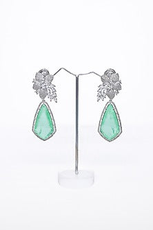 White Finish Green Synthetic Stone Enameled Dangler Earrings