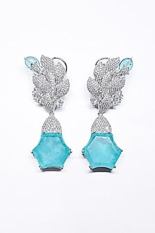 White Finish Blue Synthetic Stone Enameled Dangler Earrings