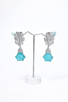 White Finish Blue Synthetic Stone Enameled Dangler Earrings