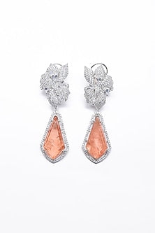 White Finish Orange Synthetic Stone Enameled Dangler Earrings
