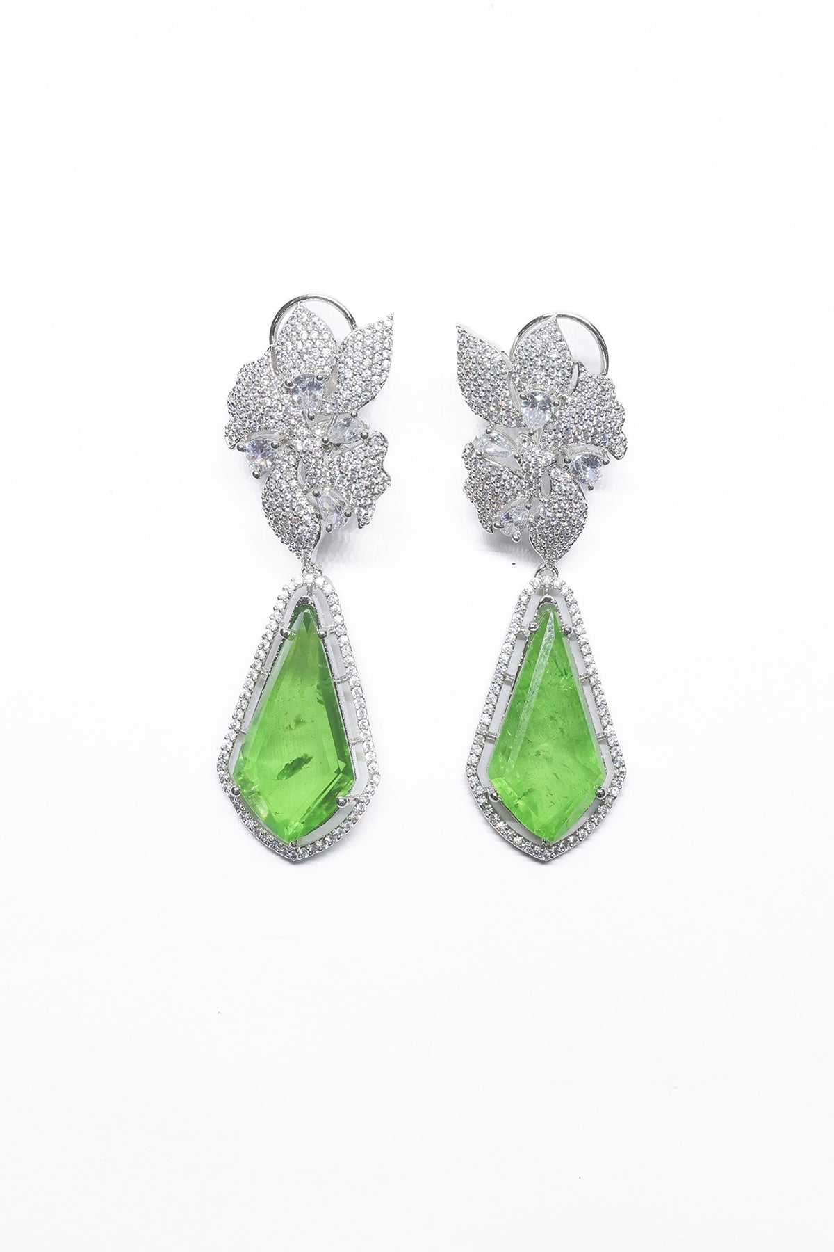 White Finish Green Synthetic Stone Enameled Dangler Earrings