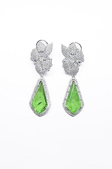 White Finish Green Synthetic Stone Enameled Dangler Earrings