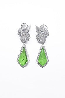 White Finish Green Synthetic Stone Enameled Dangler Earrings