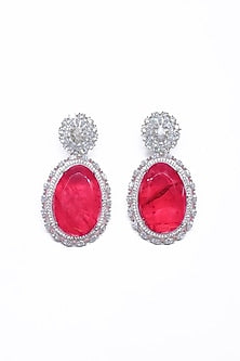 White Finish Pink Synthetic Stone Enameled Dangler Earrings
